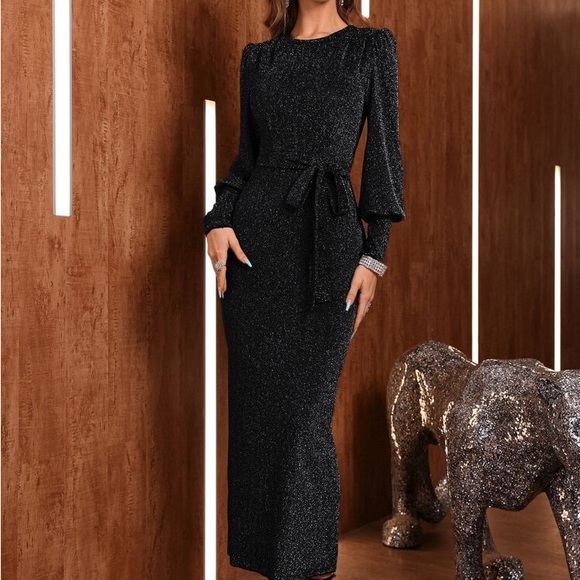 Black Bishop Sleeve Belted Glitter Maxi Dress New w/o Tags - Picture 3 of 5